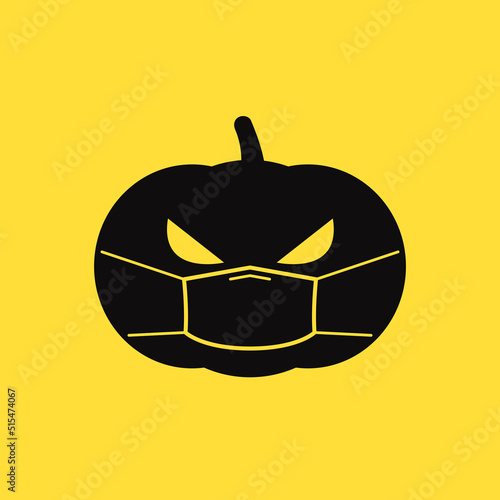 Happy Halloween - Pumpkin in face mask. Funny greeting card for Halloween in covid-19 pandemic self isolated period. Face mask icon.