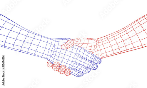 Handshake of Polygonal Wireframe Hands of Blue and Red Colors