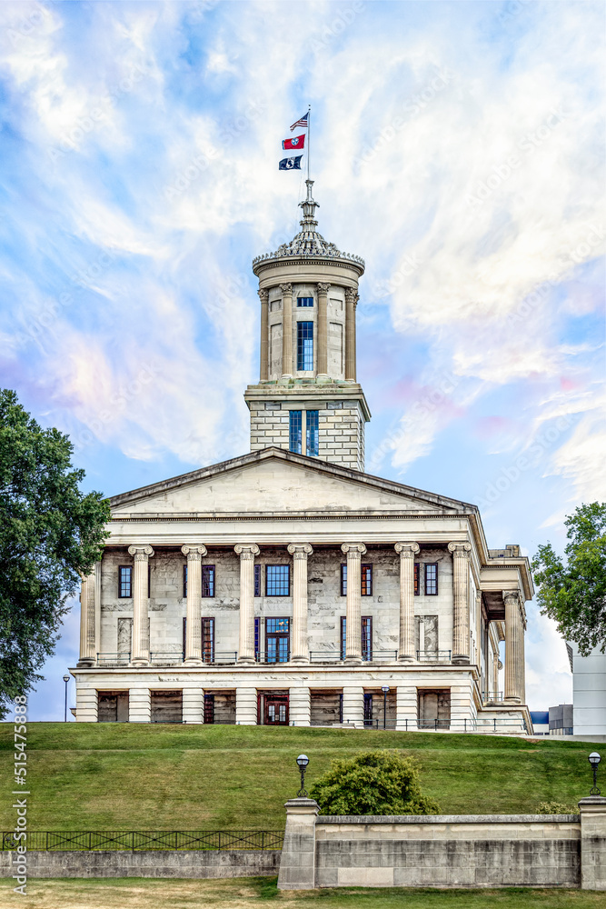 The Tennessee State Capitol building, completed in 1859 in Greek Revival style architecture, is located on a hill in Nashville and is seen here from rear.