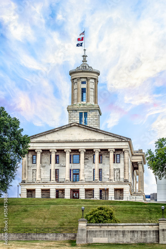 The Tennessee State Capitol building, completed in 1859 in Greek Revival style architecture, is located on a hill in Nashville and is seen here from rear.