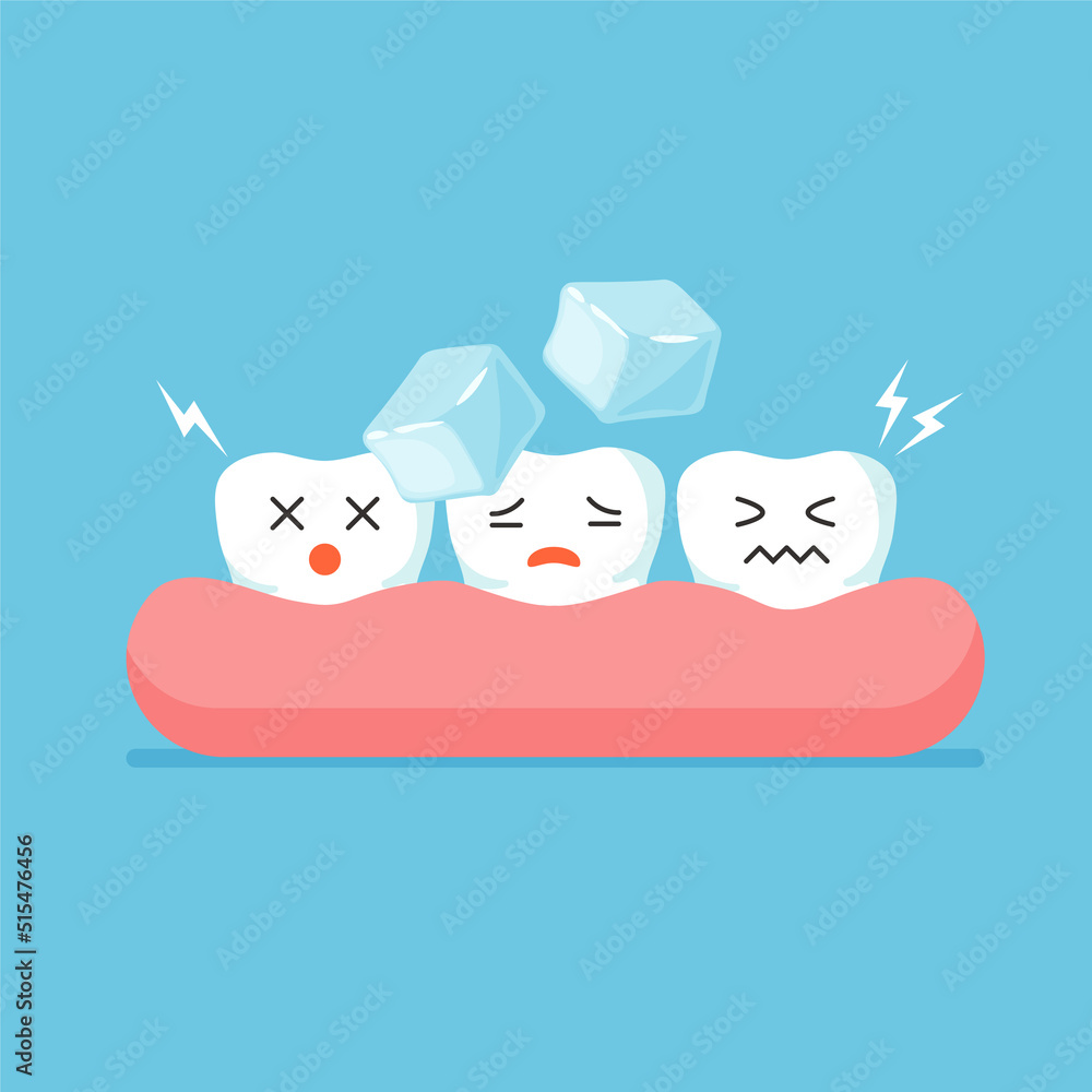 Sensitive cartoon teeth with ice. Dental care concept. Vector illustration isolated on blue background. Sensitive cartoon teeth with ice. Dental care concept. Vector illustration isolated on blue background.