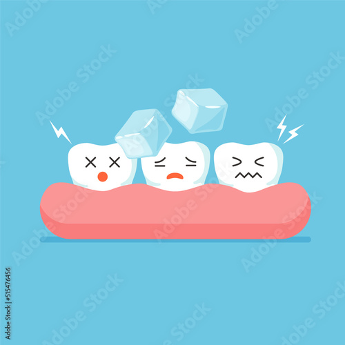 Sensitive cartoon teeth with ice. Dental care concept. Vector illustration isolated on blue background.