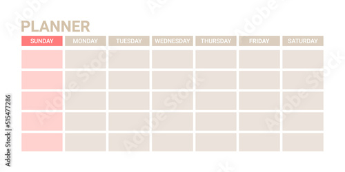 Planner on week, template daily schedule on one page. Weekly English organizer, planner template. Vector illustration