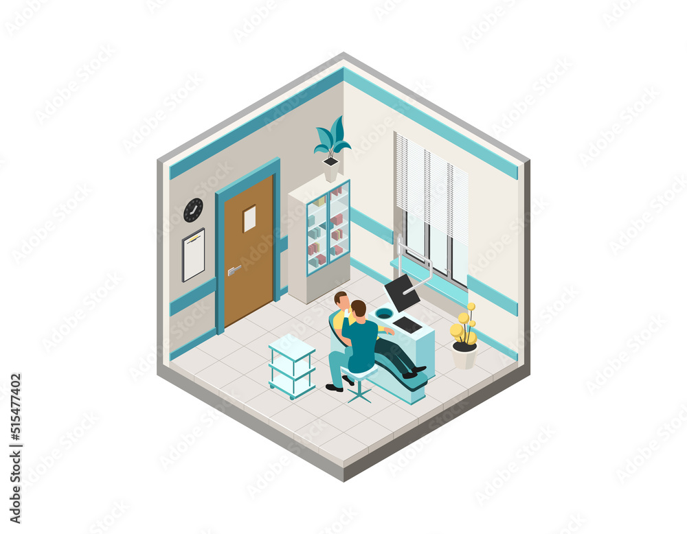 Healthcare And Medicine Concept. Modern Dentist Equipped Room Interior. Practitioner Doctor Dentist Character in Uniform Examines Patient On Dental Chair. Isometric 3d Cartoon Vector Illustration