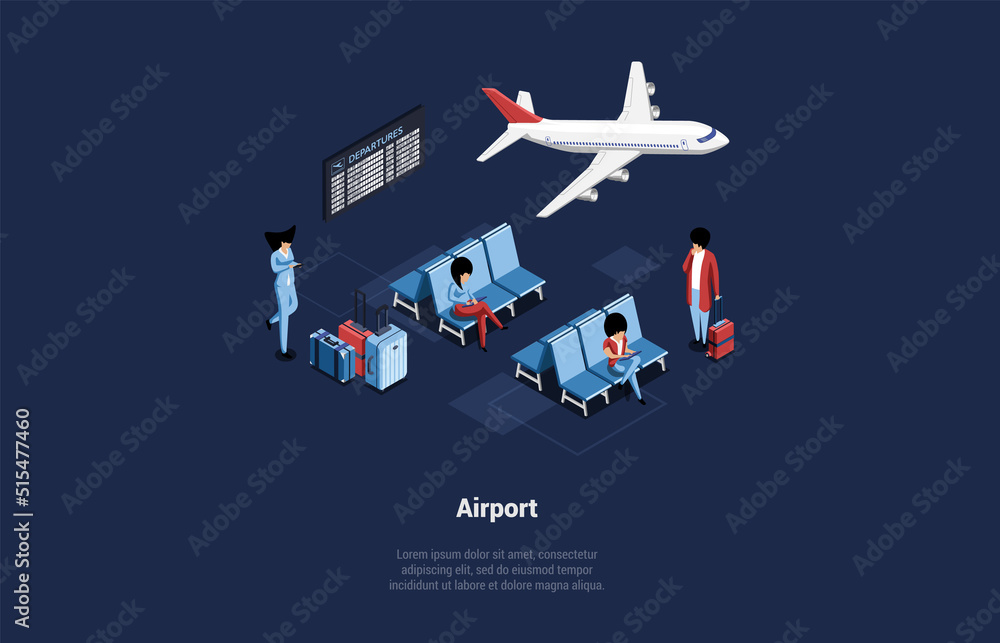 Fototapeta premium Concept Of Modern International Airport Terminal. Passengers With Luggage in Departures Waiting Room Wait Their Departure Looking On Led Information Panel. Isometric 3D Cartoon Vector Illustration