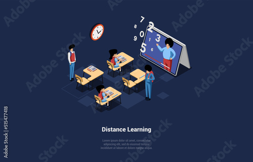 Concept Of Distance Learning. Students Sit At Desks In Modern Classroom, Listen To Teacher On Tablet Screen. Characters Have An Remote Lecture In Classroom. Isometric Cartoon 3d Vector Illustration
