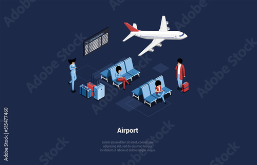 Concept Of Modern International Airport Terminal. Passengers With Luggage in Departures Waiting Room Wait Their Departure Looking On Led Information Panel. Isometric 3D Cartoon Vector Illustration