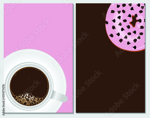 Hot coffee White mug and Donut pink strawberries glazed and chocolate chips topping in brown  and pink background  frame for print wall art decor