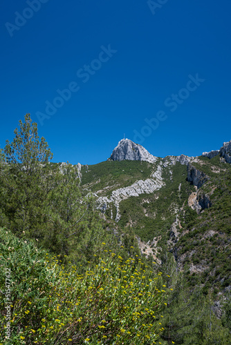 View on the "Pic de Bertagne" a massif of the Sainte-Baume mountain ridge in the Bouches-du-Rhône department in southern France. The area is known for it's hiking trails accessible from Gémenos.