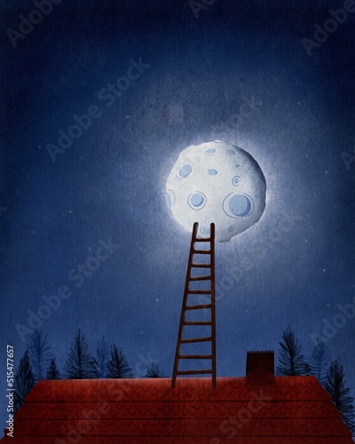 Ilustración digital de paisaje nocturno desde un tejado con una escalera hacia la luna.