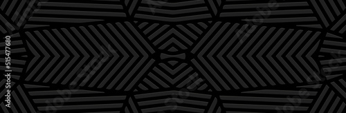 Banner, original cover design. Embossed ethnic 3D pattern of stripes and lines on a black background in art deco style. Tribal geometric ornaments of East, Asia, India, Mexico, Aztecs, Peru.
