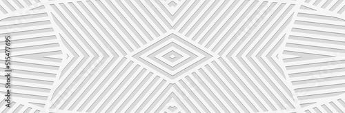 Banner, unique cover design. Embossed ethnic 3D pattern of stripes and lines on a white background in art deco style. Tribal geometric ornaments of East, Asia, India, Mexico, Aztecs, Peru.