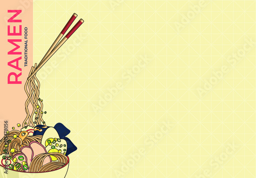Colored illustration of Asian Noodle. Example of menu. Background with pattern and free space for text