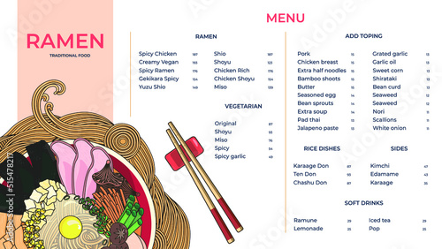 Bundle of of traditional Chinese or Japanese meal with noodles. Tasty Asian soup. Traditional dish. Example for menu
