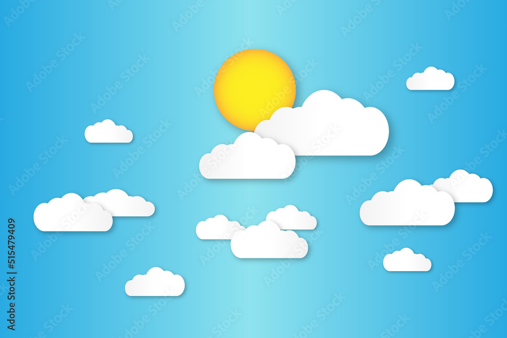 Clear summer sky with white fluffy clouds. Summer jpg image background with sun and clouds. Paper cut and digital crafts style. copy space for text.
