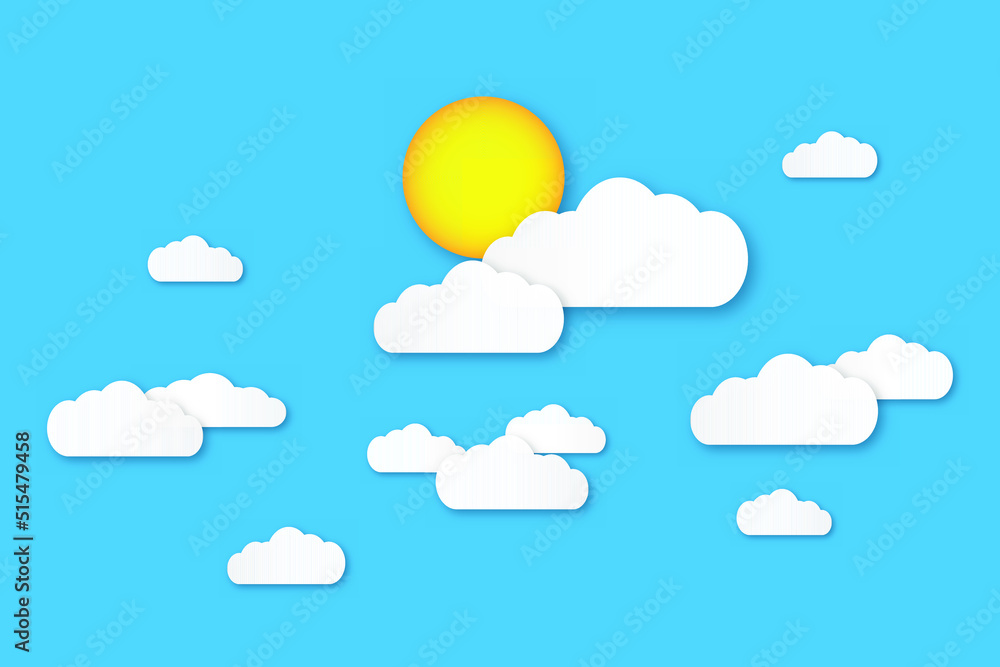 Clear summer sky with white fluffy clouds. Summer vector background with sun and clouds. Paper cut and digital crafts style. copy space for text.
Clear summer sky with white fluffy clouds. Summer vector background with sun and clouds. Paper cut and digital crafts style. copy space for text.