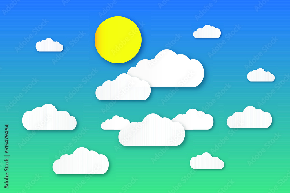 Clear summer sky with white fluffy clouds. Summer vector background with sun and clouds. Paper cut and digital crafts style. copy space for text.
Clear summer sky with white fluffy clouds. Summer vector background with sun and clouds. Paper cut and digital crafts style. copy space for text.