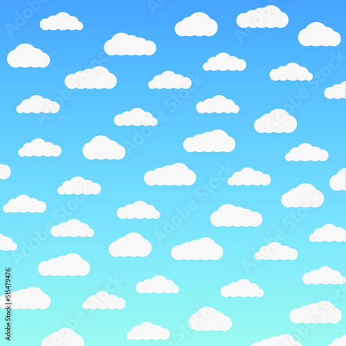Clear summer sky with white fluffy clouds. Summer vector background with sun and clouds. Paper cut and digital crafts style. copy space for text. 