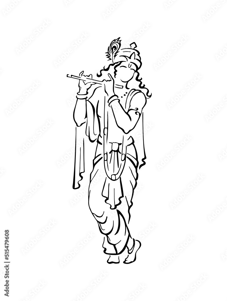 Lord Krishna in beautiful clothes and crown, playing bansuri flute. God of protection, love, compassion. Original outline sketch Lord Krishna in beautiful clothes and crown, playing bansuri flute. God of protection, love, compassion. Original outline sketch