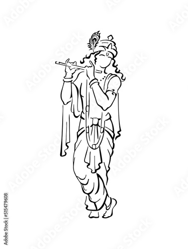 Lord Krishna in beautiful clothes and crown, playing bansuri flute. God of protection, love, compassion. Original outline sketch