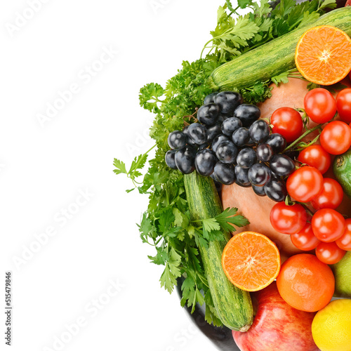 Composition of fruits and vegetables isolated on white background. There is free space for text.