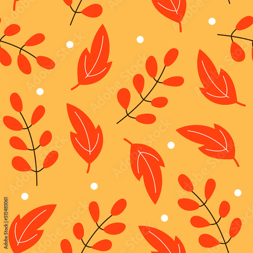 Autumn leaves in cartoon style. Seamless pattern. A cute background with orange and red colors. Seasonal banner