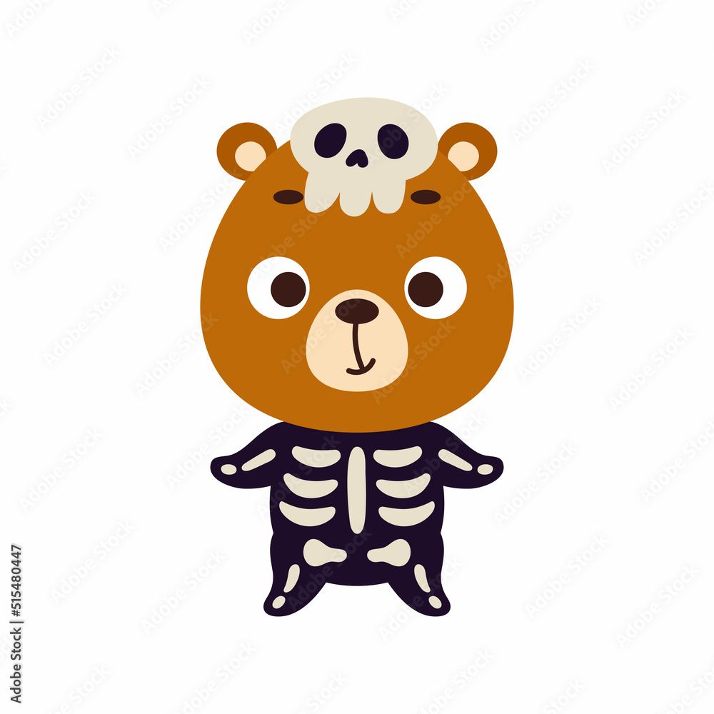 Cute little Halloween bear in a skeleton costume. Cartoon animal character for kids t-shirts, nursery decoration, baby shower, greeting card, invitation, house interior. Vector stock illustration Cute little Halloween bear in a skeleton costume. Cartoon animal character for kids t-shirts, nursery decoration, baby shower, greeting card, invitation, house interior. Vector stock illustration