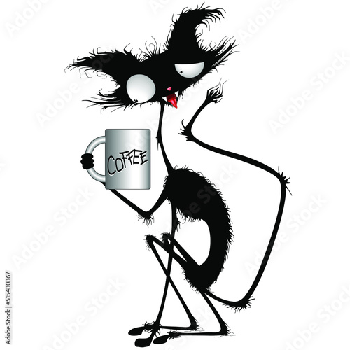 Cat with Coffee Mug, Skinny and Funny Cartoon Character Vector Illustration isolated on white