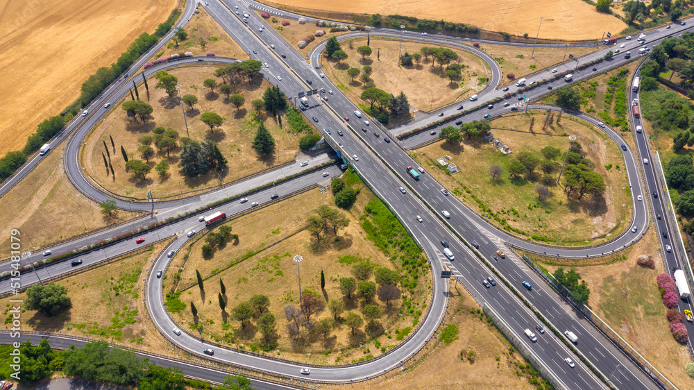 Aerial view of the Great Ring Junction in Rome, Italy. It's a long orbital motorway that encircles the city.
Aerial view of the Great Ring Junction in Rome, Italy. It's a long orbital motorway that encircles the city.