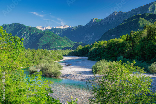 Bild auf Leinwand Isonzo River (Soca River) Valley near Kobarid with Julian Apls in background, So