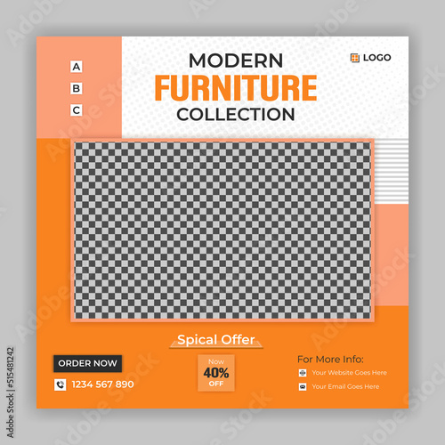 Modern furniture social media post with white background, yellow and black shapes template. Furniture advertisement social media post design.