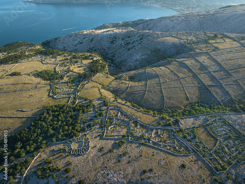 Aerial view of beautiful dry walls pattern on island Krk near Baska, Croatia