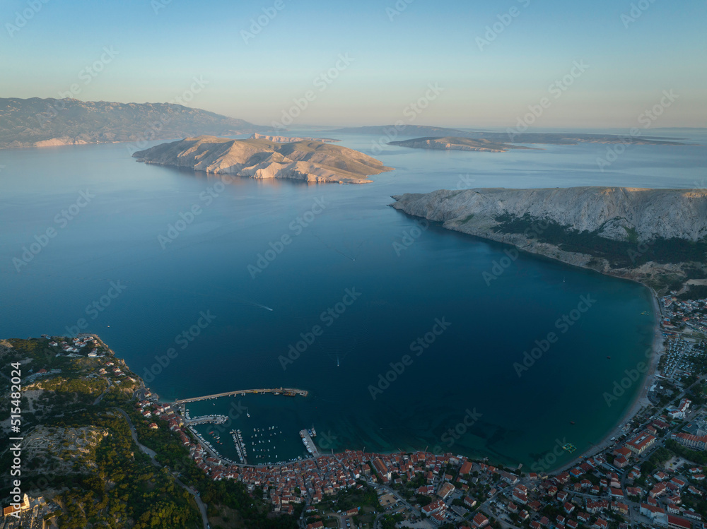 Aerial panoramic view of bay with town Baska on the island of Krk, Kvarner, Croatia