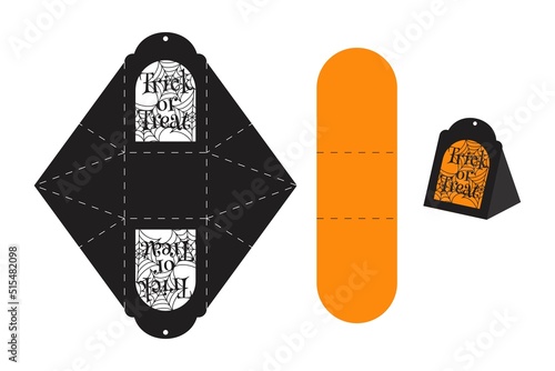 Happy Halloween treat box. Gift party favor box for sweets, candies, small presents, bakery. Simple packaging die cut template for laser cut with sign trick or treat