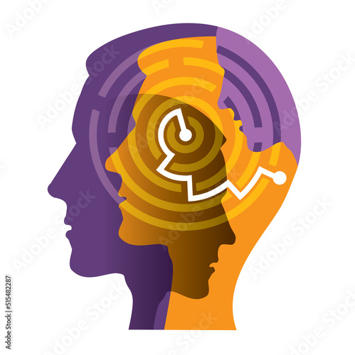 
Mental illness solutions, psychology, psychiatry, labyrinth concept.
Illustration of stylized Male heads silhouettes of young men with solved maze. Isolated on white background. Vector available.