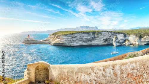 Breathtaking view of lighthouse near old town Bonifacio.