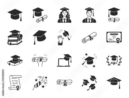 Graduation doodle illustration including flat icons - student in cap, diploma certificate scroll, university degree. Glyph silhouette art about high school education. Black color