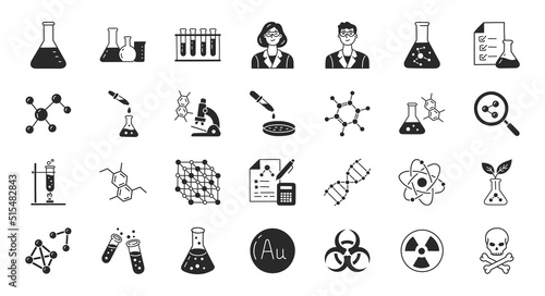 Chemistry doodle illustration including flat icons - flask, lab tube, scientist, propper, petri dish, beaker, experiment, biotechnology. Glyph silhouette art about laboratory research. Black color
