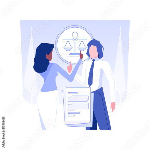Prosecution of cases in courts isolated concept vector illustration. Companys lawyer argues with prosecutor in the courtroom, corporate business structure, company departments vector concept.
