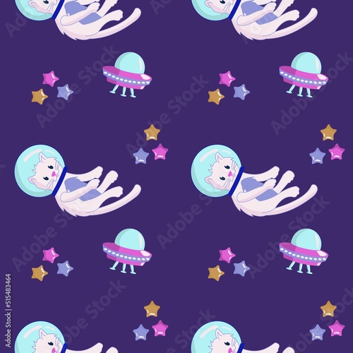 Seamless pattern Animals in space. Cute white cat astronaut, ufo and stars. Characters exploring universe galaxy. Cartoon vector illustration.