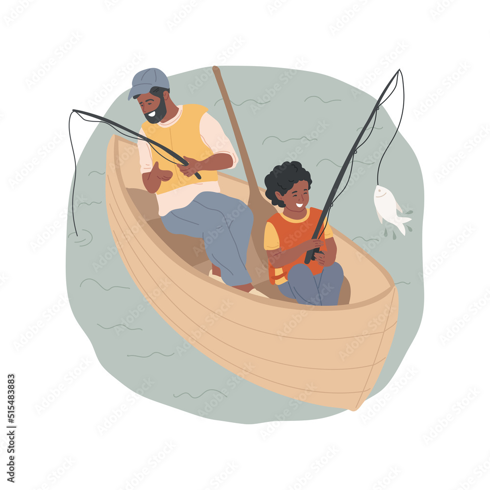 Canoe fishing isolated cartoon vector illustration. Father and son sitting in big canoe, catching fish together, family vacation on a lake, fishing from a boat, camping activity vector cartoon.