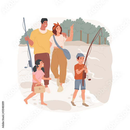 Go fishing isolated cartoon vector illustration. Family walking along the shore, holding fishing rod, dad and kids on vacation at the lake, going to catch fish, holiday activity vector cartoon.