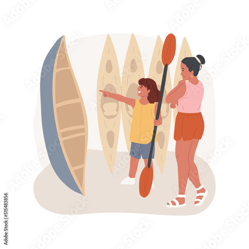 Canoe and kayak renting store isolated cartoon vector illustration. Kayak renting service, family vacation on a river, kids holding paddle, canoe store, boat rental, recreation vector cartoon.