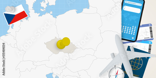 Travel to Czech Republic concept, map with pin on map of Czech Republic. Vacation preparation map, flag, passport and tickets.