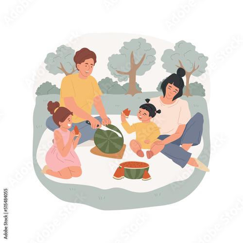 Watermelon isolated cartoon vector illustration. Parent cuts watermelon, kids eating juicy fruit, family having picnic in a park, sitting on grass, leisure time in the nature vector cartoon.