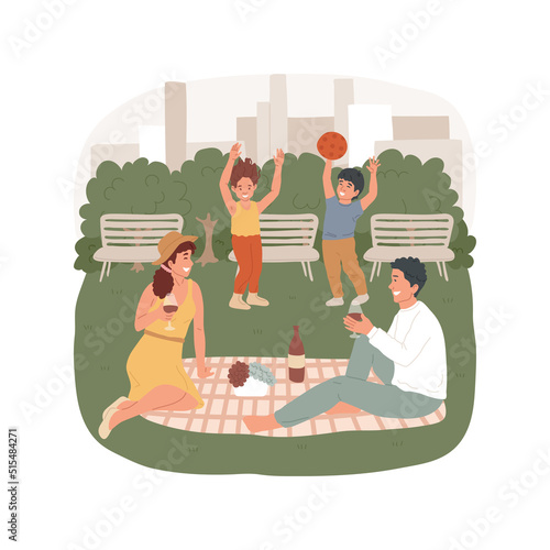 City picnic isolated cartoon vector illustration. Family having picnic in a park, city landscape on background, children playing with ball, adults laughing and drinking wine vector cartoon.