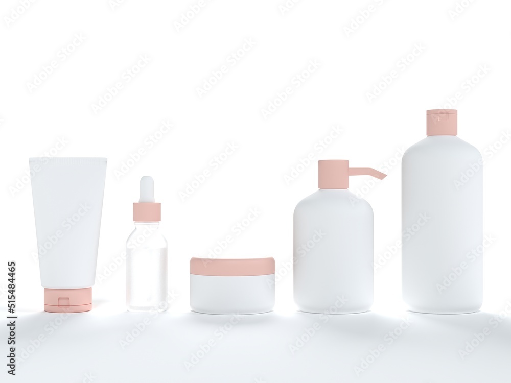 Cosmetic cream tube, jar with lid, liquid soap and shampoo, serum bottle 3D render on white background, different product packaging mock-up Cosmetic cream tube, jar with lid, liquid soap and shampoo, serum bottle 3D render on white background, different product packaging mock-up