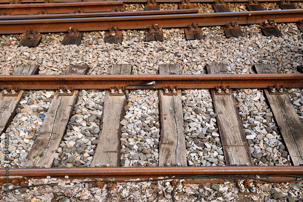 Railway tracks. Flat bottom steel rails supported on timber