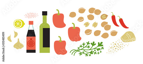Fresh ingredients for muhammara dip. Pepper walnut sause making. Flat vector illustration isolated on white background.