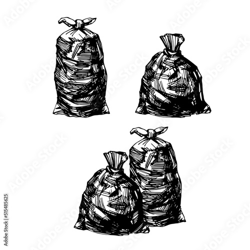 Sketch of plastic garbage bags. In black ink. Vector illustration isolated on a white background.